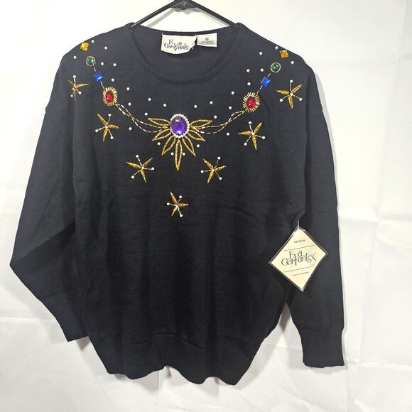 NWT Retro 80's Eva Cervantes  Size Med Bewjeweled Black Sweater Rainbow Gem - Picture 1 of 5